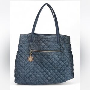 Tommy Hilfiger Quilted Blue Denim Tote Gold Charm